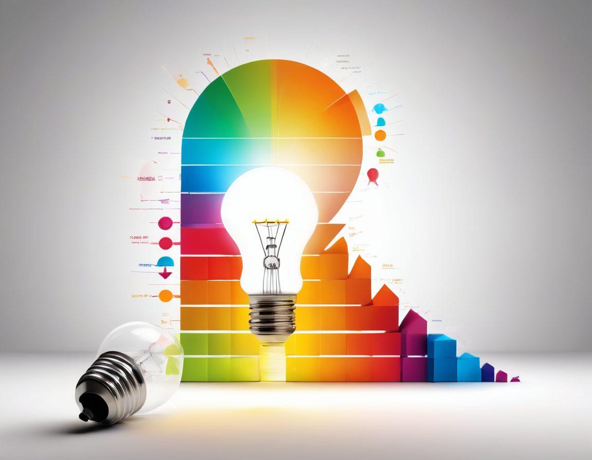 A light bulb illuminating a colorful data chart, symbolizing the transformation from raw data to creative inspiration. Surround the light bulb with vibrant, abstract shapes representing various insights and ideas. Include elements like graphs, charts, and a pathway leading towards a bright horizon. The background should be a soft gradient that adds depth and encourages creativity. super-realistic. vibrant colors. dynamic composition.