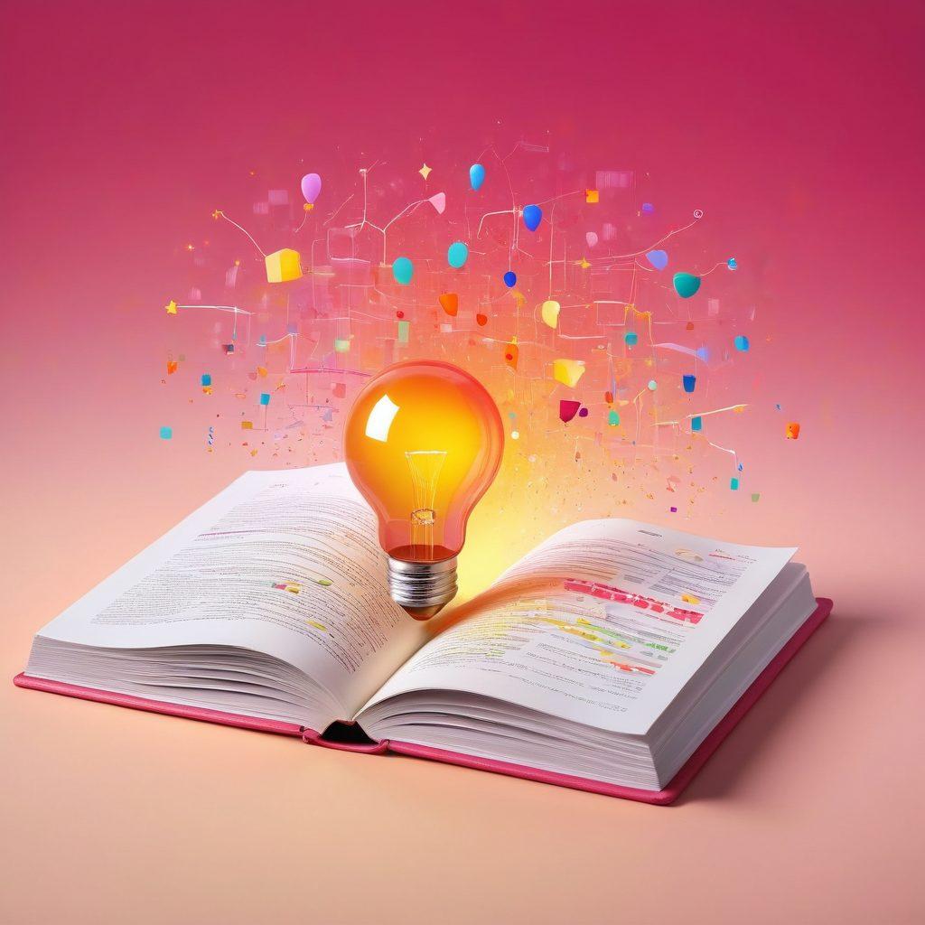 A whimsical scene depicting an open book spilling out colorful data visuals, charts, and graphs that transform into joyful expressions and smiles. Surrounding the book, bright elements like light bulbs and abstract shapes symbolize insights and creativity. The background features a gradient of warm colors, representing happiness and positivity. The overall feel should be lively and inspiring, capturing the essence of joy through analytics. vibrant colors. illustration.