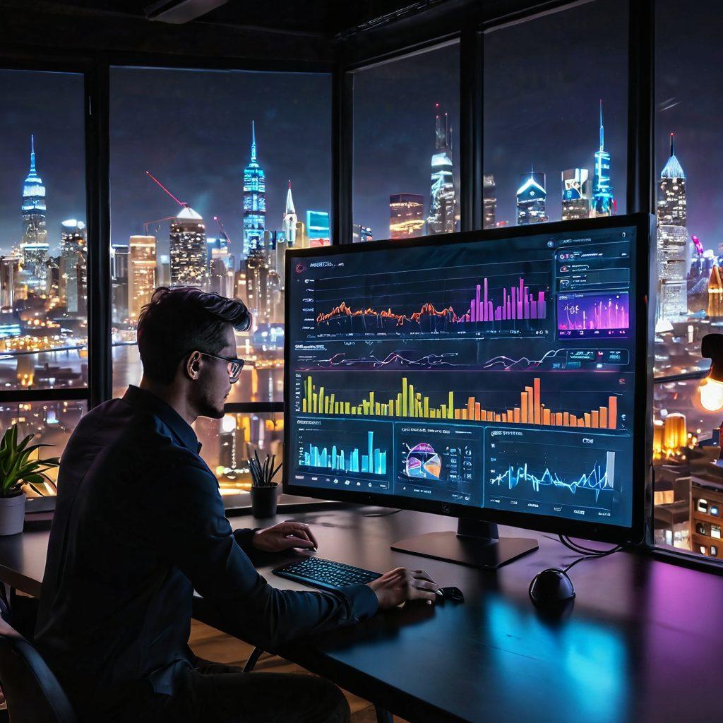 A high-tech analytics dashboard displaying dynamic graphs and data points, surrounded by vibrant lightbulbs symbolizing ideas, with a person joyfully analyzing the content. In the background, a city skyline represents innovation and growth. The overall theme is one of enlightenment and discovery. super-realistic. vibrant colors. cyberpunk.